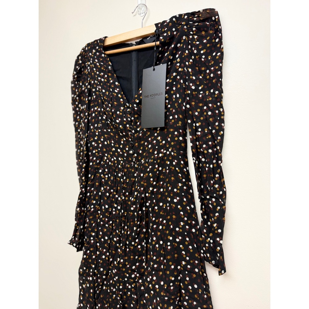 The Kooples Silk Mini Dress Brown Polka Dots Sz FR 0 US XS New - Picture 4 of 10